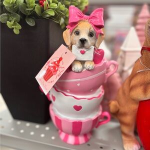 Pink and White Dog Teacup Figurine